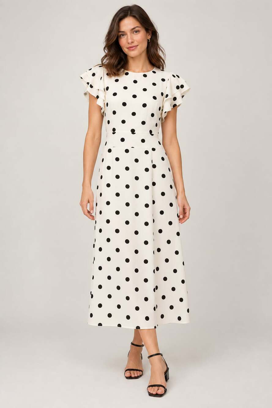 Great Jones Polka Dot Ruffle Sleeve Midi Dress